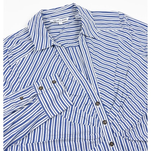 Veronica Beard Ruffle Shirt Women's 14 Blue White Striped Button-Up Long Sleeve - Picture 4 of 12